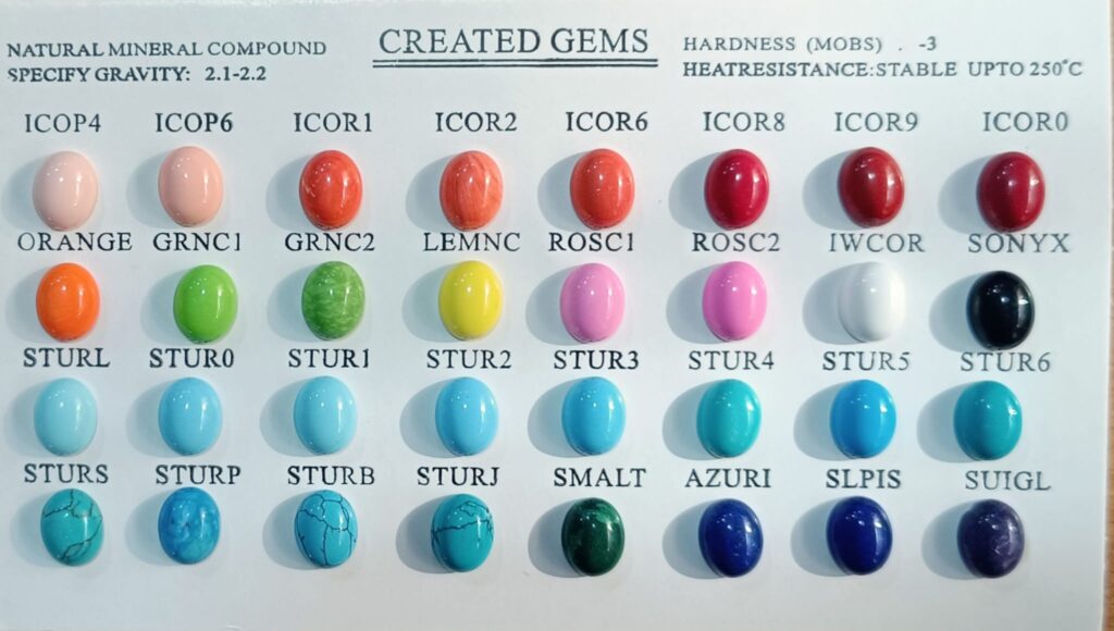 Piedras sintéticas Gilson en diferentes tonos y colores, incluidos varios tonos de coral